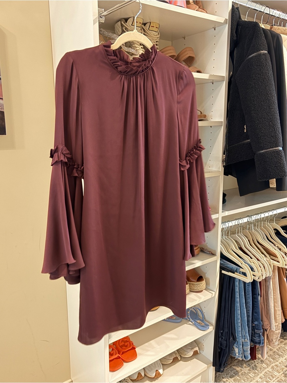 Milly Plum Ruffle-Neck Bell Sleeve Shift Dress